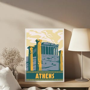 Vintage Athens Travel Poster, Retro Greek Architecture Wall Art, Parthenon Illustration, Athens Greece Travel Poster Print,