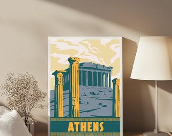 Vintage Athens Travel Poster: Retro Parthenon Greek Architecture Print