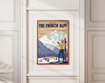 Póster de esquí de los Alpes franceses de La Saboya, deportes de invierno vintage, impresión artística de viaje, decoración de pared con paisaje alpino retro, estación de esquí de Francia, póster de los Alpes