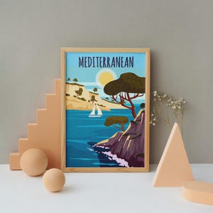 Mediterranean Coastal Retro Poster – Sailboat Nature Wall Art | Vintage Travel Print for Home, Vintage Travel Print, Ocean View Landscape