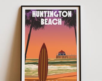 Huntington Beach vintage reseaffisch, Kaliforniens surfing, retro strandillustration, solnedgång kustväggdekor, vintage affischälskare present i POD