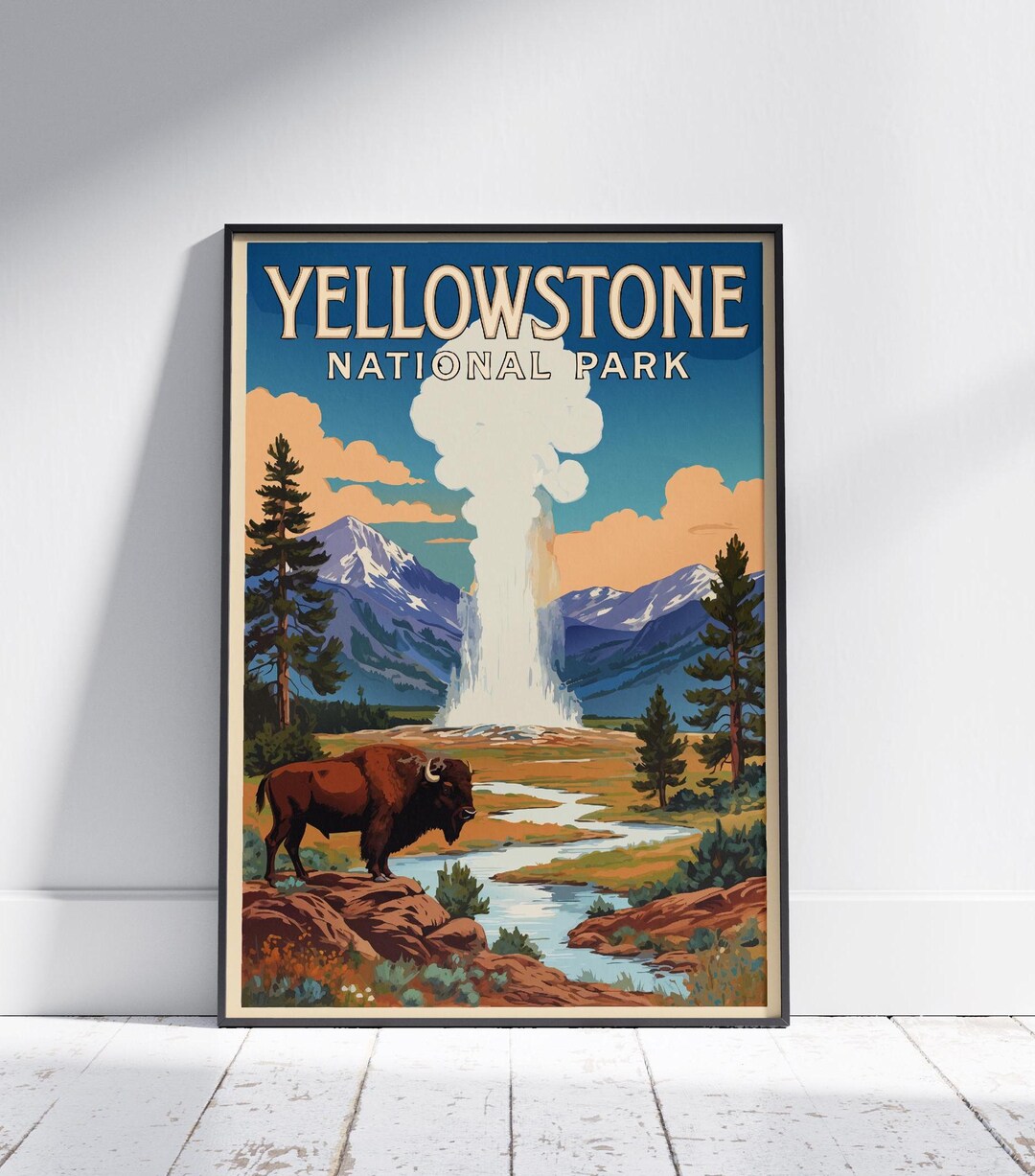 Yellowstone National Park Poster, Vintage Geyser & Bison Wall Art ...