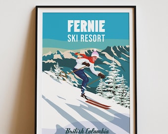 Fernie Ski Resort Poster – Vintage Canadian Ski Art Print, Retro Skier Illustration, British Columbia Mountain Winter Decor, Ski Gift POD