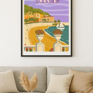 Nice French Riviera coast poster vintage. Mediterranean Resort. Retro style illustration, France Travel Decor, Nice France Wall Art