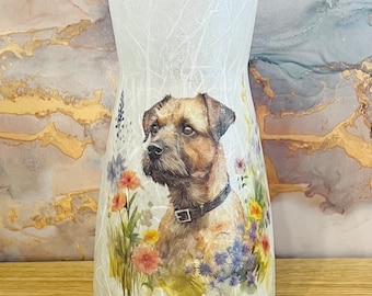 Handmade glass vase with a Border Terrier decoupaged design, finished in a glitter varnish for that extra sparkle