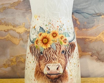 Handmade Highland Cow Glass Vase, Sunflower Design, Glitter Varnish
