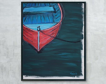 Original painting. Red boat on the deep blue sea. On professional paper