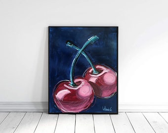 Painted Red Cherries on a blue background. Original on professional acrylic paper