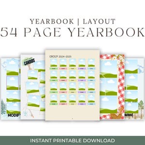 May include: A yearbook layout with the text "YEARBOOK | LAYOUT" and "54 PAGE YEARBOOK." The design includes pages with photo placeholders, text fields, and decorative elements. The words "NATURE CANDIDS" and "GROUP 2024-2025" are also visible.