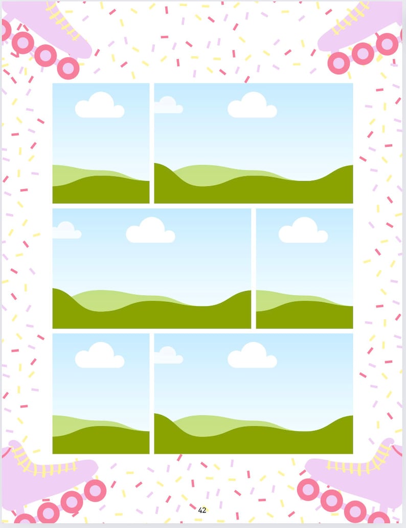 K&ouml;nnte beinhalten: Eine digitale Scrapbook-Seite mit einem Comic-Layout. Die Seite zeigt einen blauen Himmel mit wei&szlig;en Wolken und gr&uuml;ne, sanfte H&uuml;gel. Die Seite ist von rosa Rollschuhen mit gelben R&auml;dern und einem wei&szlig;en Hintergrund mit bunten Konfetti umgeben.