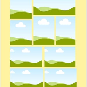 K&ouml;nnte beinhalten: Ein Satz von neun leeren Landschaftshintergr&uuml;nden mit blauem Himmel, wei&szlig;en Wolken und gr&uuml;nen H&uuml;geln. Die Hintergr&uuml;nde sind perfekt, um eigene Designs oder Text hinzuzuf&uuml;gen.