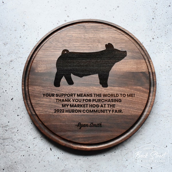 Personalized County Fair Buyers Gift, Appreciation Gift, Thank You Buyers, Gift, Livestock, Large Round Wood Cutting Board with Juice Groove