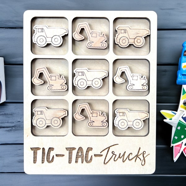 Tic Tac Toe Trucks, Games for Boys, Construction, Wood Games, Gift for Children, Coffee Table Game, Christmas Holiday Wood Toys for Kids