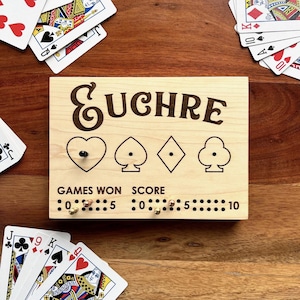 Wood Euchre Scoreboard, Score and Trump Tracker | Euchre Dice, Laser Engraved | Unique Gift Idea | Game Night | Stocking Stuffer for Gamer