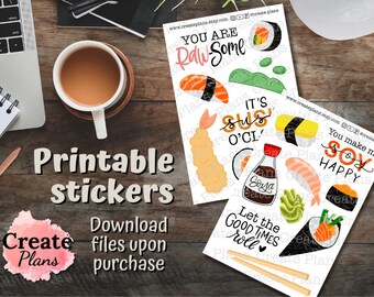 Sushi Set mit 2 druckbaren Stickerbögen | Lebensmittel Aufkleber, dekorative Aufkleber, Planer Aufkleber