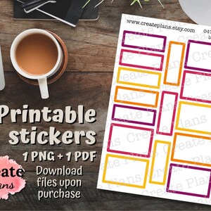 May include: Printable stickers with a variety of rectangular boxes in orange, yellow, and purple. The text "047 - Pixie boxes" is at the top of the page. The text "Create Plans" is at the bottom of the page.