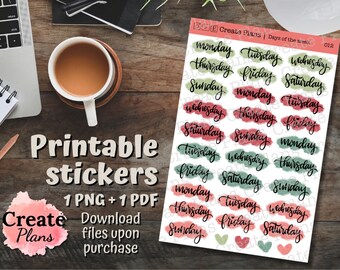 Floral Days of the Week Stickers: Planner Stickers (Digital Download)