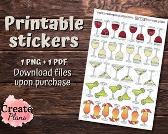 Cocktails, drinks sticker sheet | Decorative stickers for Happy Planner, Passion Planner, Bullet journaling