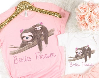 Mommy and Baby Sloth Besties Forever T-Shirt, Cute Matching Floral Pink Girl Tees, Grandma and Granddaughter T-Shirts, Mimi Nana Baby Gift