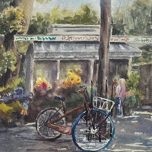 original watercolor painting bicycle and women at flower shop matted art flowers home decor fine art 16x20 standard frame size