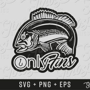 May include: Black and white illustration of a fish with the text "Only Fins" and a fishing hook icon.
