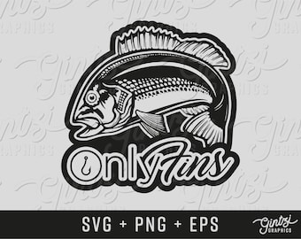 May include: Black and white illustration of a fish with the text "Only Fins" and a fishing hook icon.