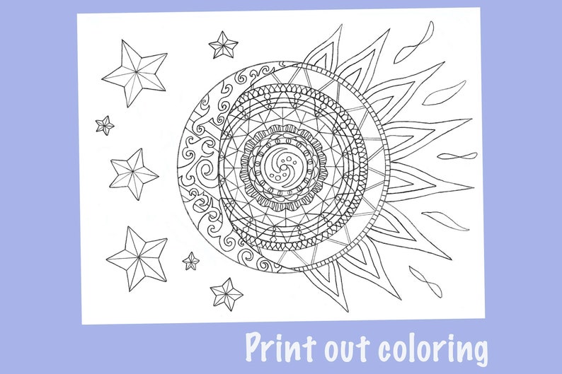 May include: A black and white coloring page featuring a sun and moon mandala with intricate details. The sun has a fiery design and the moon has a swirling pattern. There are stars surrounding the sun and moon.