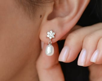 Pearl Drop Earrings, Wedding Earrings Bridesmaid, Modern Bridal Pearl, Flower Stud Earrings