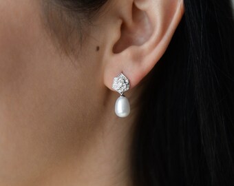 Pearl Drop Earrings, Wedding Earrings Bridesmaid, Modern Bridal Pearl, Flower Stud Earrings