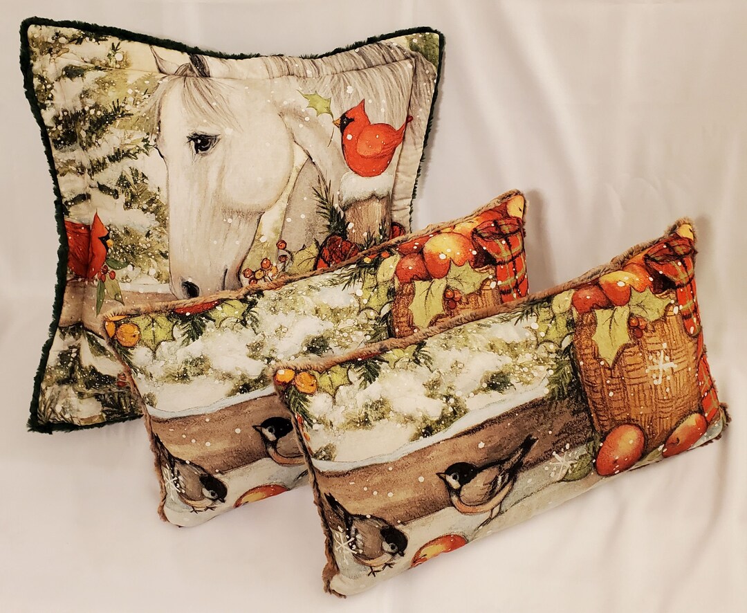 Lumbar Christmas Pillow, Red Apples and Little Birdies 11x20 Has 'red