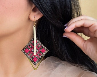 Long Embroidered Earrings, Suzani Jewelry, Bold Dangle drop Earrings, Earrings for Spring, Boho Jewelry, Pink and Gold Fabric Earrings