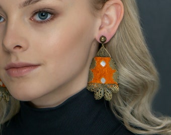 Orange Hand Embroidered Boho Earrings with Mirror, Ethnic Earrings, Vintage earrings for Her