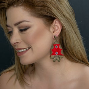 Red Bohemian Embroidered Brass Earrings, Spring Earrings for Her, Blossom Earrings, Handmade Embroidered image 1