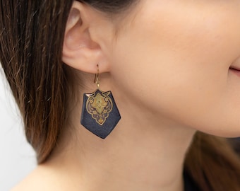 Tulip Leather Earrings for Women, Mixed Material Jewelry, Printed Brass Earrings, Vegan Leather Jewelry, Bohemian Earrings, Christmas Gift