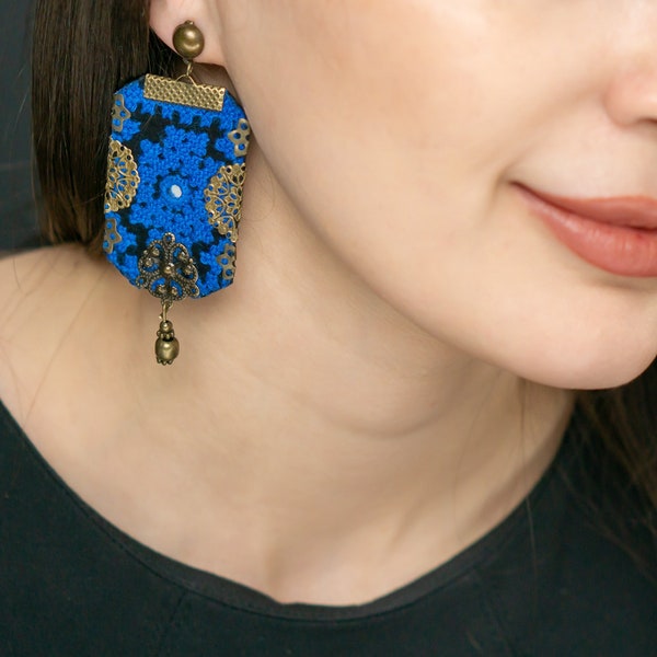 Geometric Needlework Blue and Black Drop Earrings for Her, Handmade Embroidered Earrings