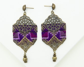 Persian Jewelry, Persian Embroidered Earrings, Unique Lightweight Earrings, Purple Drop Statement Boho Earrings, Bold Geometric Earrings