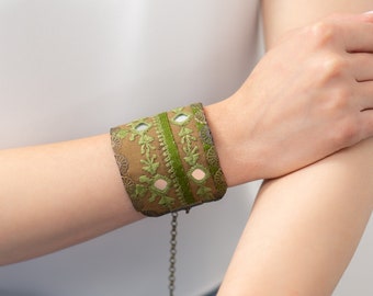 Adjustable Fabric Embroidered Cuff Bracelet, Chic Adjustable Wide Cuff Bracelet, Boho Bracelet, Vintage Bracelet, Christmas Gift