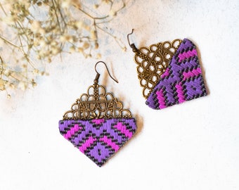 Purple and Pink Earrings, Purple Embroidered Earrings, Heart Shaped Pink Earrings, Valentine’s Earrings, Spring Earrings, Suzani Jewelry