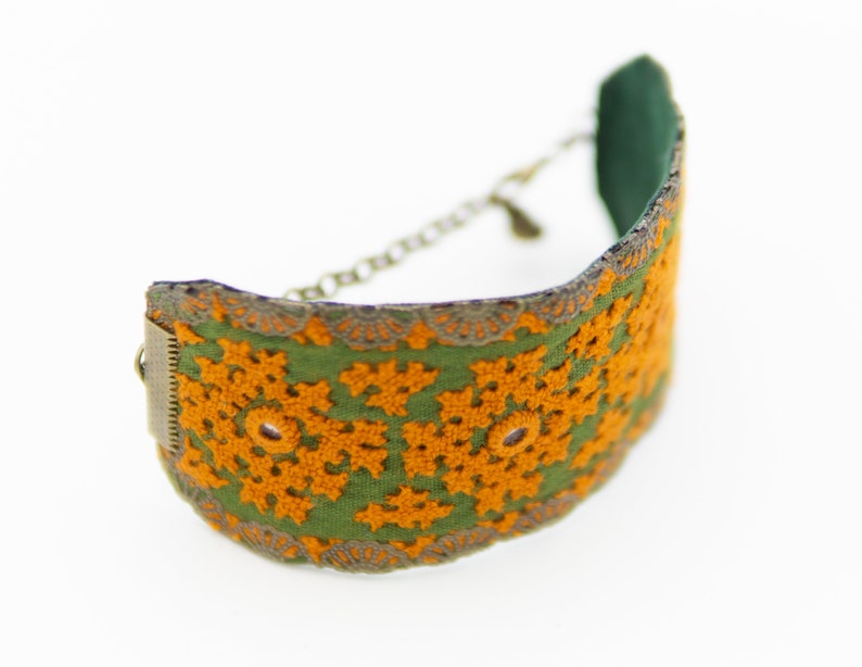 Cuff Embroidered Bracelet for Women, Vintage Bracelet, Orange and Green Needlework Bracelet, Bohemian Bracelet, Adjustable Cuff Bracelet image 3