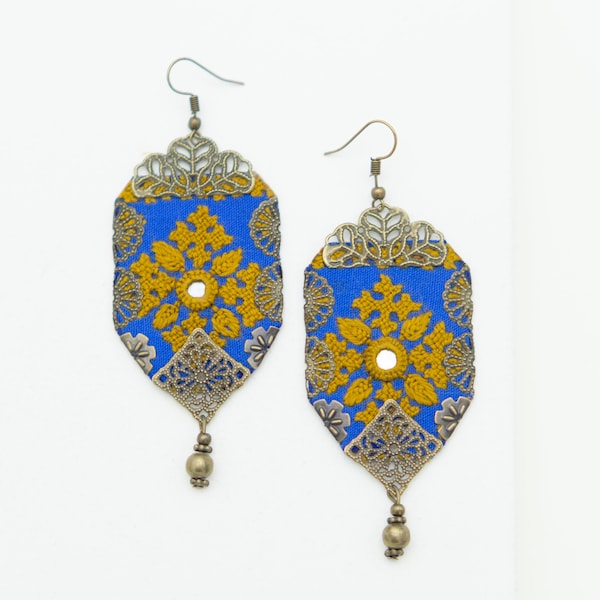 Geometric Blue and Amber Earrings, Minimalist Drop Earrings, Mixed Material Fabric and Mirror Earrings, Handmade Suzani Earrings