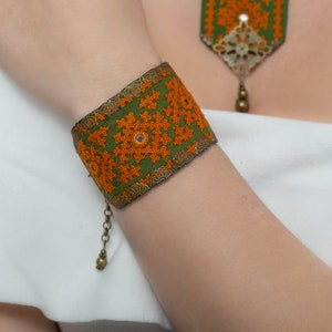 Cuff Embroidered Bracelet for Women, Vintage Bracelet, Orange and Green Needlework Bracelet, Bohemian Bracelet, Adjustable Cuff Bracelet image 1