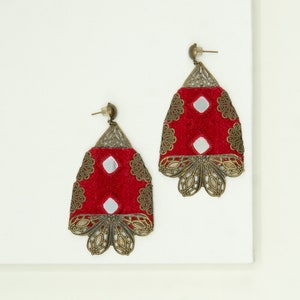 Red Bohemian Embroidered Brass Earrings, Spring Earrings for Her, Blossom Earrings, Handmade Embroidered image 7