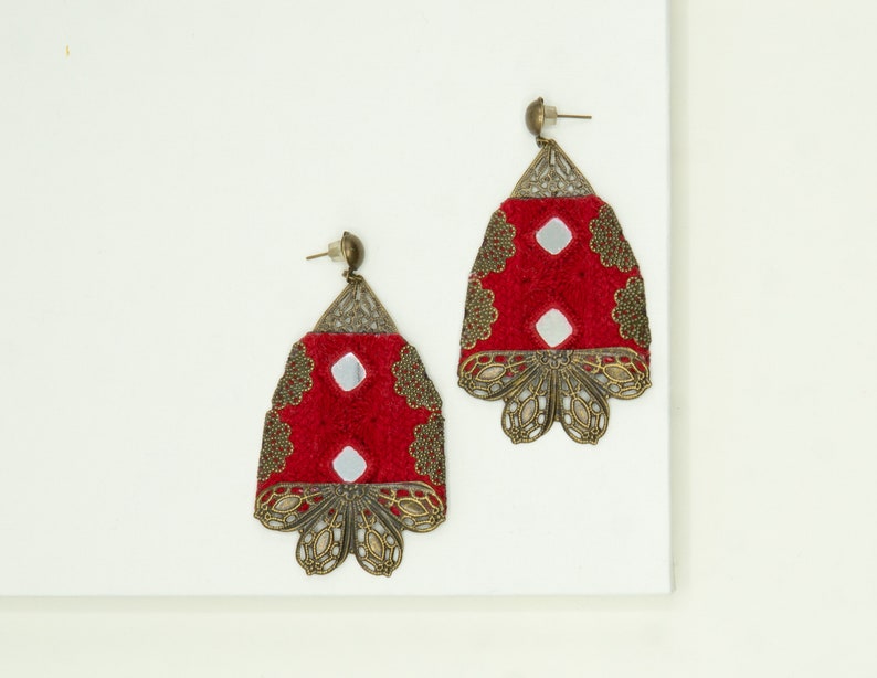 Red Bohemian Embroidered Brass Earrings, Spring Earrings for Her, Blossom Earrings, Handmade Embroidered image 7