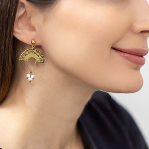 Small Brass Pearl Earrings, Stylish Gold Earrings, Boho Earrings, Half Moon Shaped Earrings, Carved Brass Earrings image 2