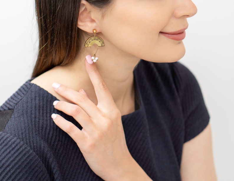 Small Brass Pearl Earrings, Stylish Gold Earrings, Boho Earrings, Half Moon Shaped Earrings, Carved Brass Earrings image 6
