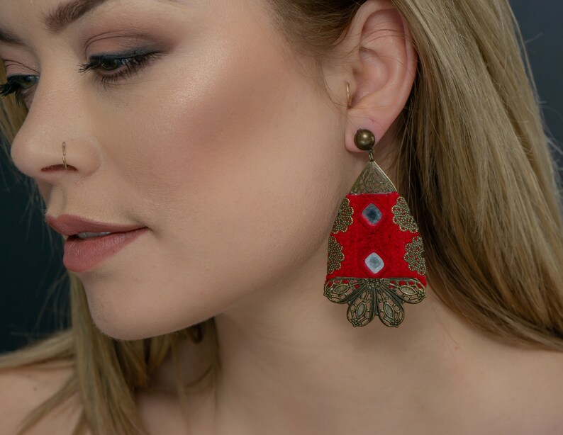 Red Bohemian Embroidered Brass Earrings, Spring Earrings for Her, Blossom Earrings, Handmade Embroidered image 9