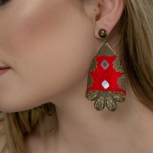 Red Bohemian Embroidered Brass Earrings, Spring Earrings for Her, Blossom Earrings, Handmade Embroidered image 10