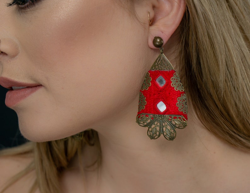 Red Bohemian Embroidered Brass Earrings, Spring Earrings for Her, Blossom Earrings, Handmade Embroidered image 10