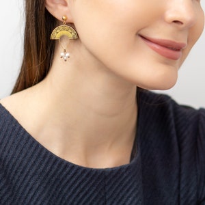 Small Brass Pearl Earrings, Stylish Gold Earrings, Boho Earrings, Half Moon Shaped Earrings, Carved Brass Earrings image 8