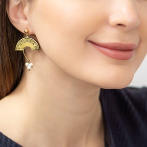 Small Brass Pearl Earrings, Stylish Gold Earrings, Boho Earrings, Half Moon Shaped Earrings, Carved Brass Earrings image 4